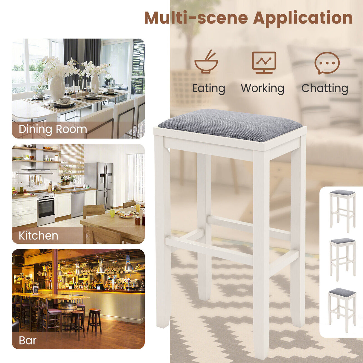2 Pieces 31 Inch Upholstered Bar Stool Set with Solid Rubber Wood Frame and Footres-Griege
