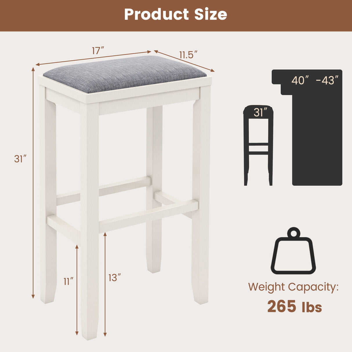 2 Pieces 31 Inch Upholstered Bar Stool Set with Solid Rubber Wood Frame and Footres-Griege