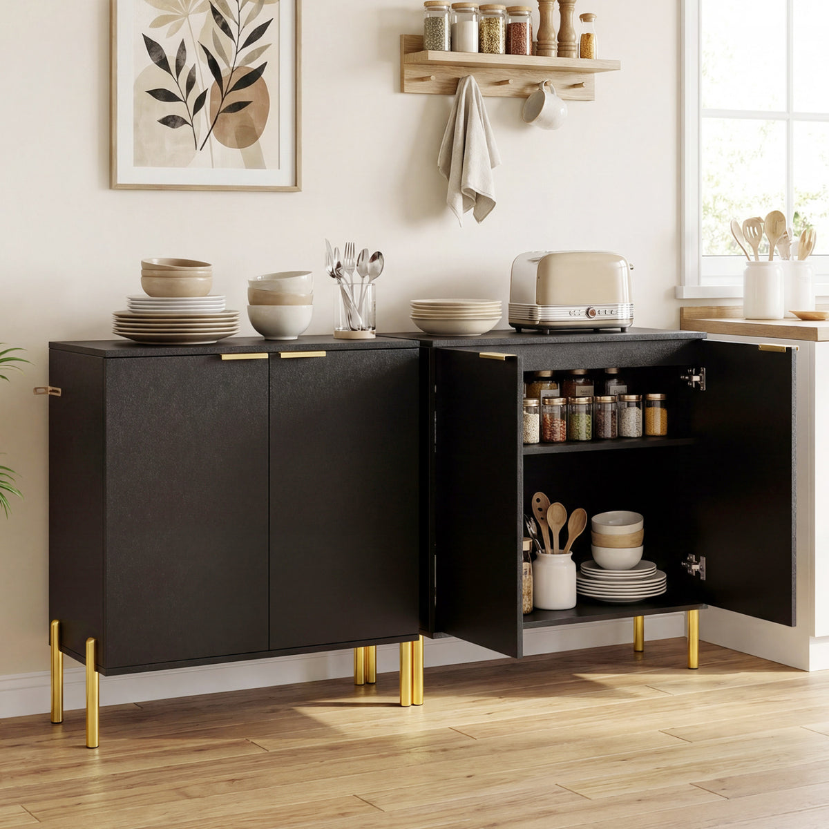 Set of 2 2-Door Buffet Cabinet Sideboard with Metal Legs-Black