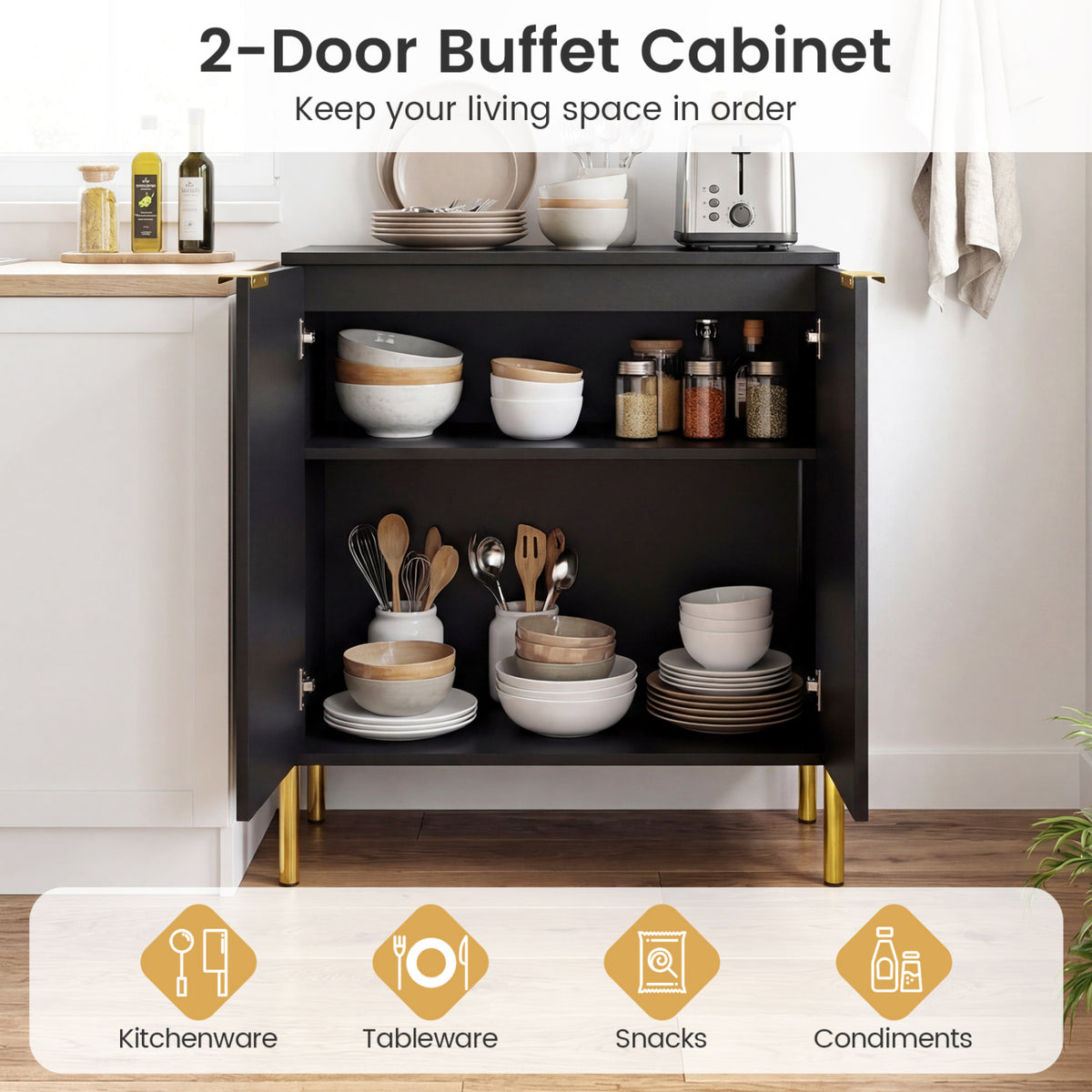 Set of 2 2-Door Buffet Cabinet Sideboard with Metal Legs-Black