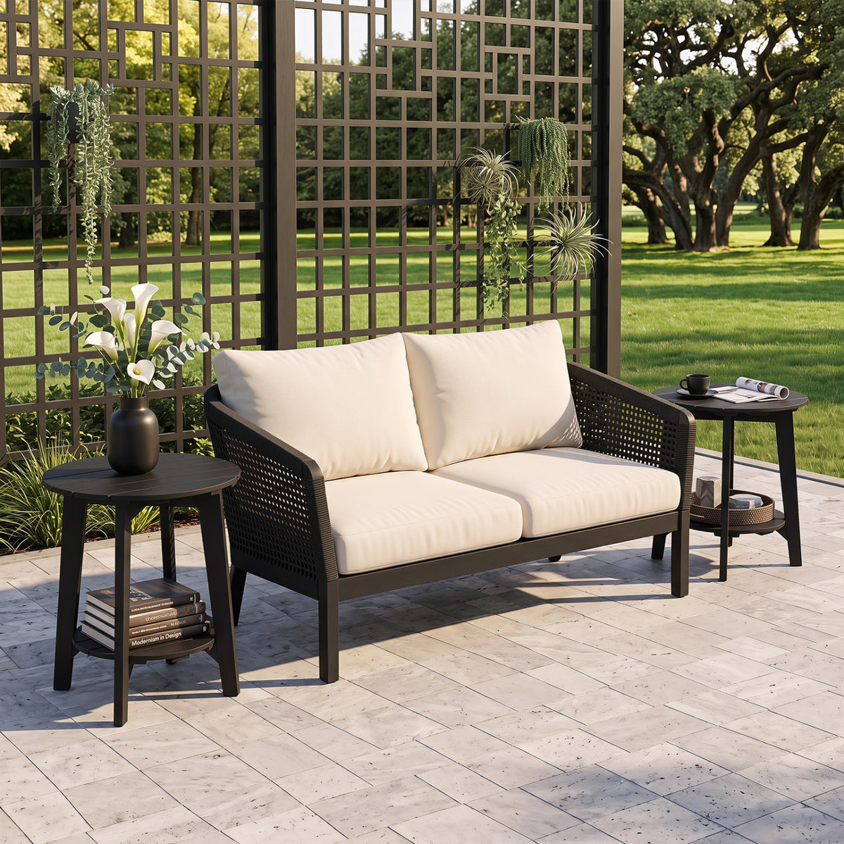 Set of 2 2-Tier Outdoor Eucalyptus Wood Side Table with Slatted Tabletop and Storage Shelf for Backyard-Black