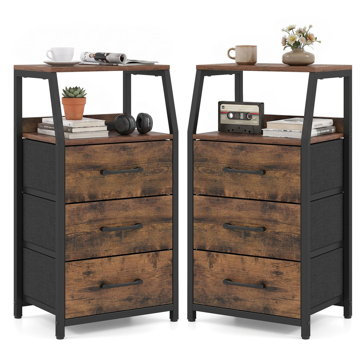 Set of 2 30.5" Tall Nightstand with 3 Fabric Drawers and 2 Spacious Open Shelves-Rustic Brown