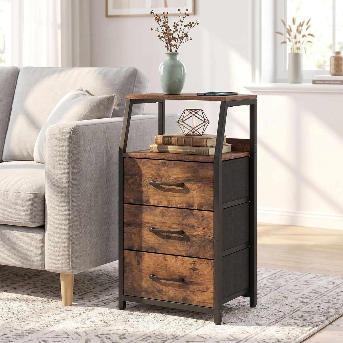 Set of 2 30.5" Tall Nightstand with 3 Fabric Drawers and 2 Spacious Open Shelves-Rustic Brown