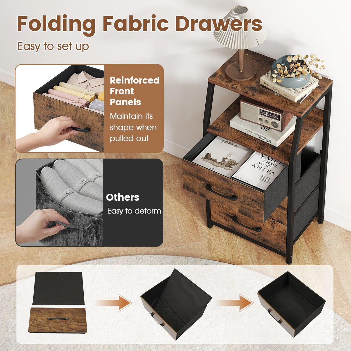 Set of 2 30.5" Tall Nightstand with 3 Fabric Drawers and 2 Spacious Open Shelves-Rustic Brown