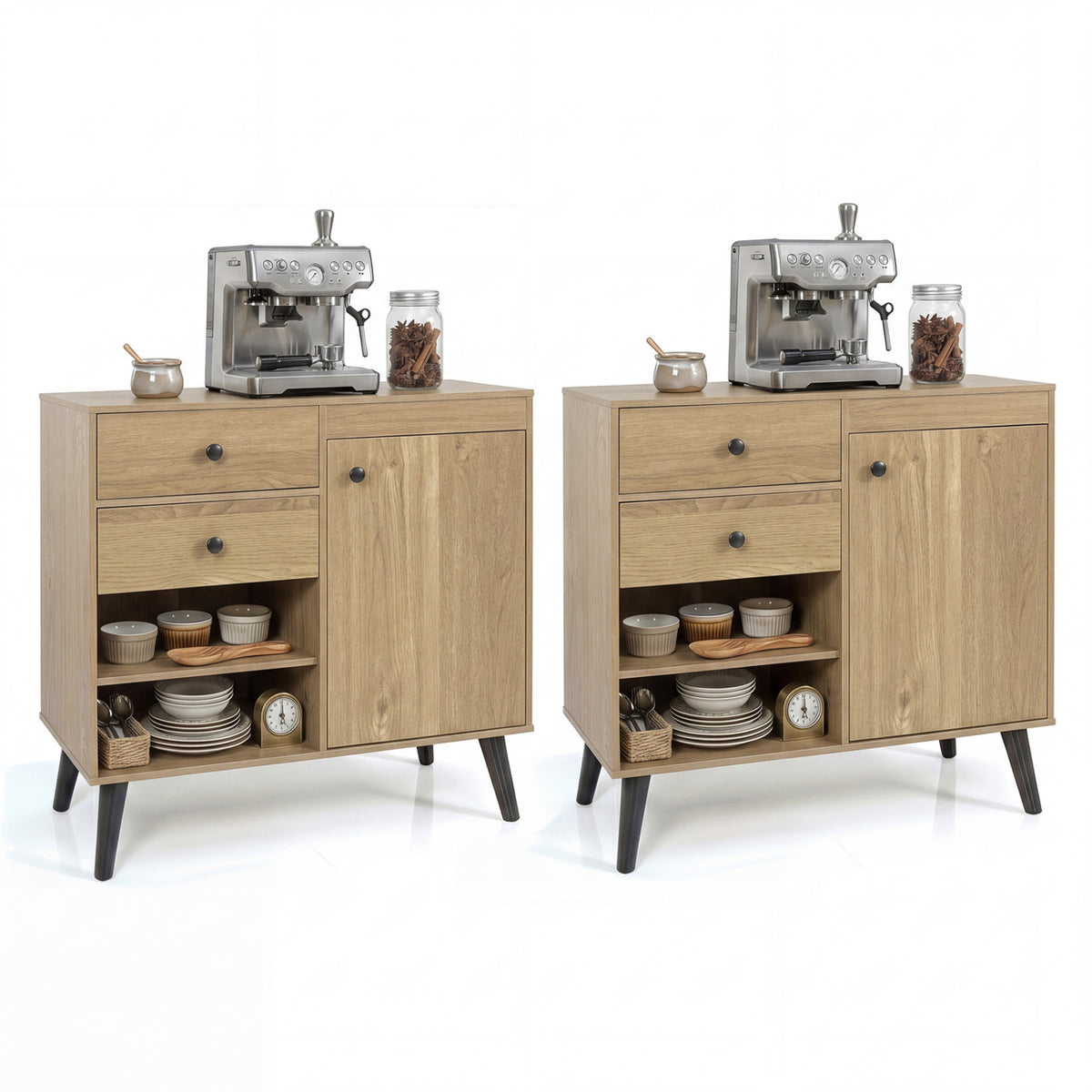 Set of 2 31" Buffet Cabinet with 2 Drawers and Open Compartments for Kitchen