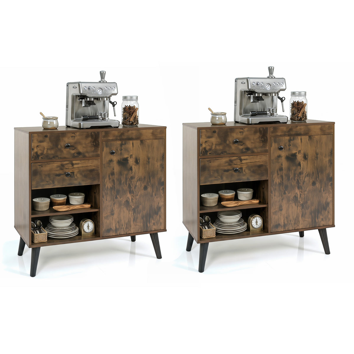 Set of 2 31" Buffet Cabinet with 2 Drawers and Open Compartments for Kitchen