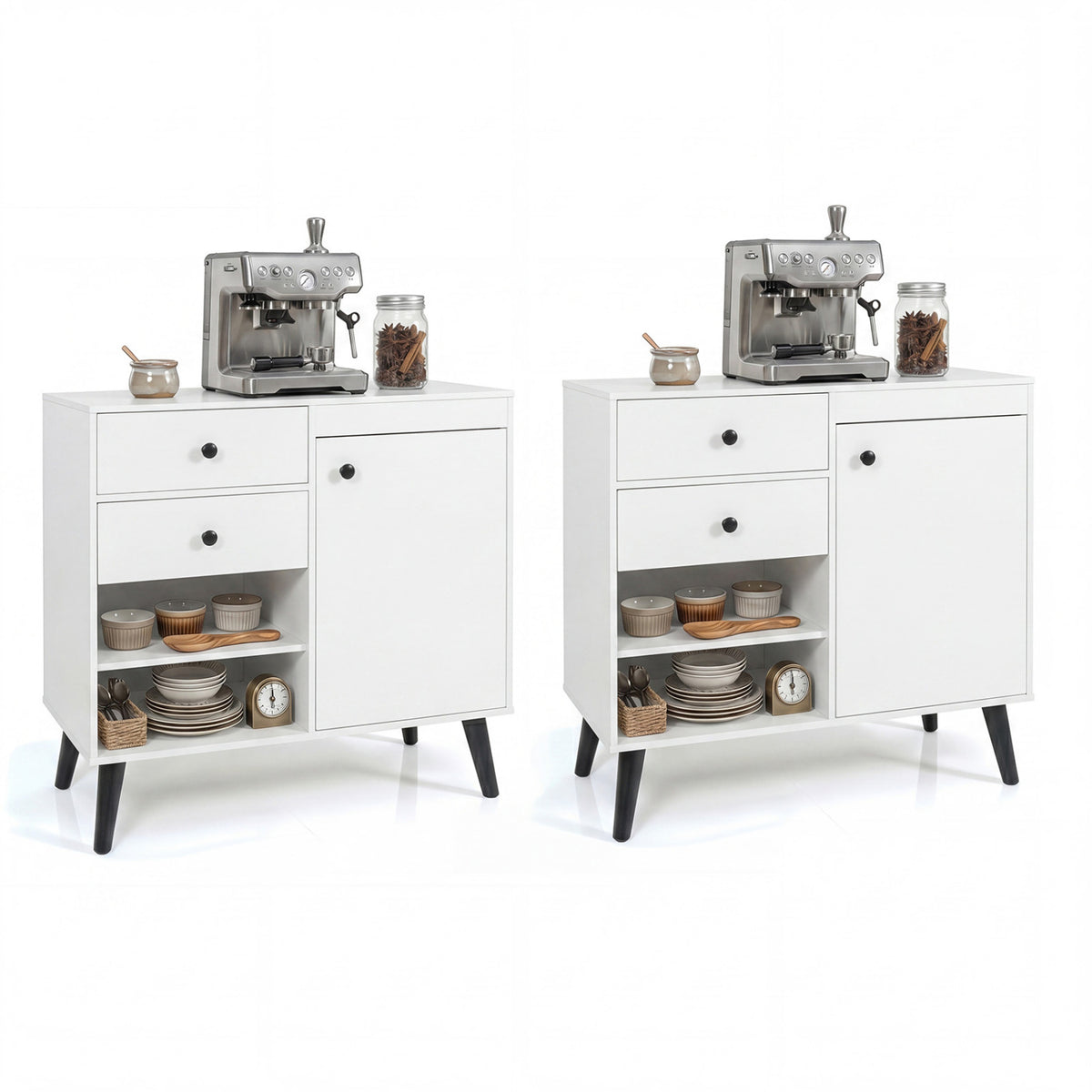 Set of 2 31" Buffet Cabinet with 2 Drawers and Open Compartments for Kitchen
