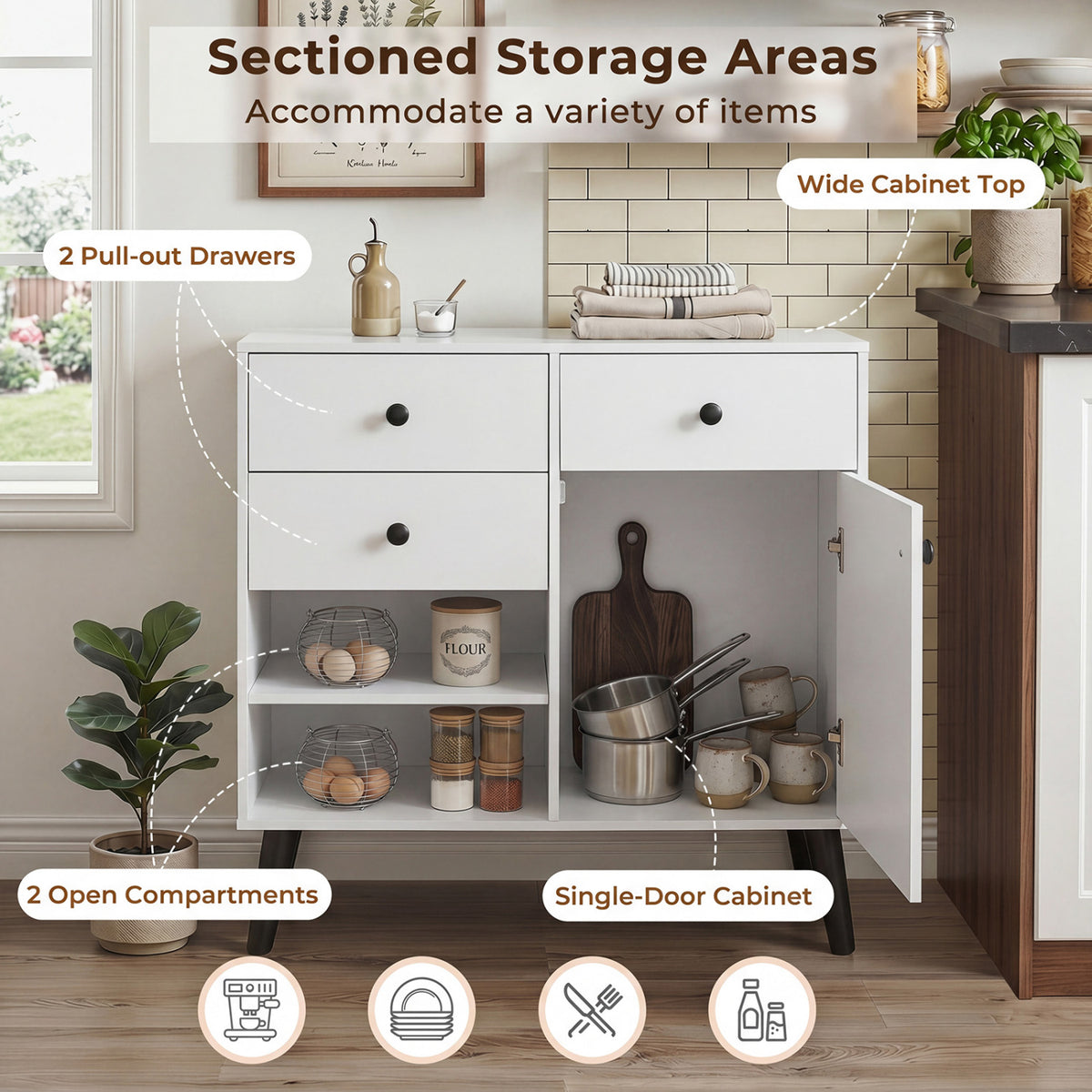 Set of 2 31" Buffet Cabinet with 2 Drawers and Open Compartments for Kitchen