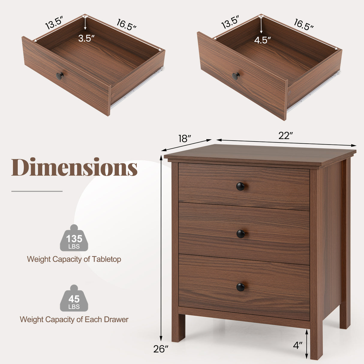 3-Drawer Nightstand with Wooden Finish for Bedroom-Brown