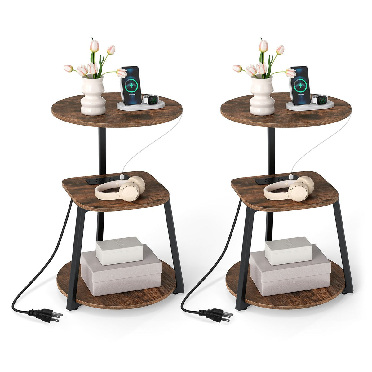 Set of 2 3-Tier Round End Table with Charging Station-Rustic Brown