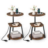 Set of 2 3-Tier Round End Table with Charging Station-Rustic Brown