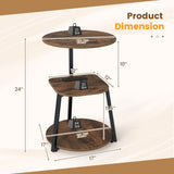 Set of 2 3-Tier Round End Table with Charging Station-Rustic Brown