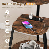Set of 2 3-Tier Round End Table with Charging Station-Rustic Brown