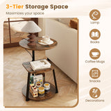 Set of 2 3-Tier Round End Table with Charging Station-Rustic Brown