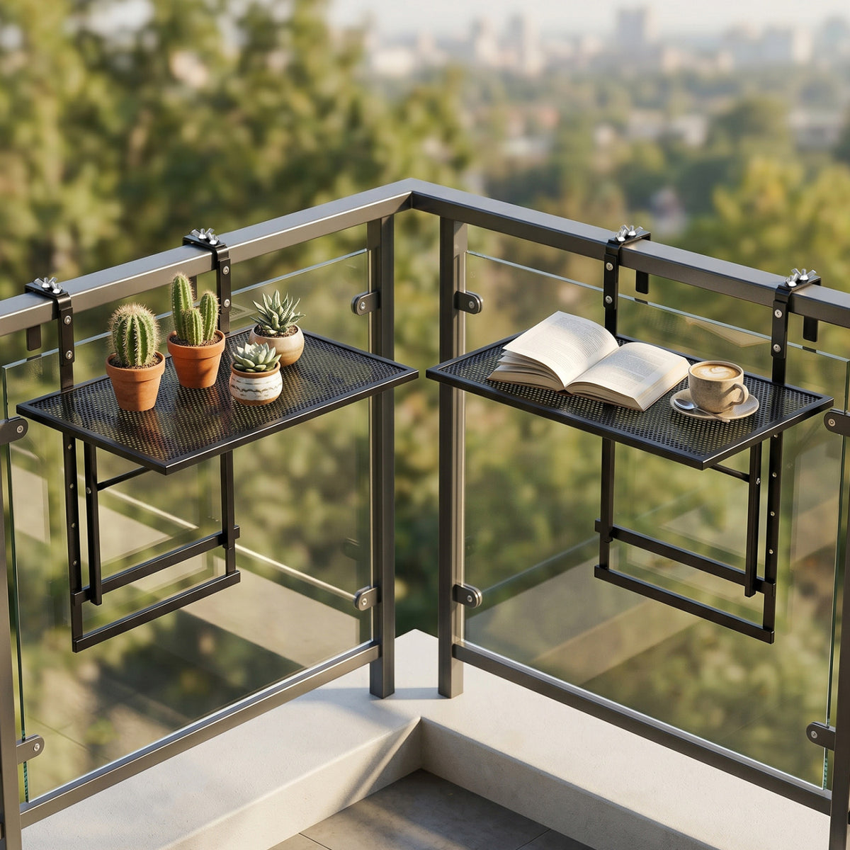 Set of 2 48" Balcony Railing Table with 5-Level Adjustable Height for Patio and Deck-Black