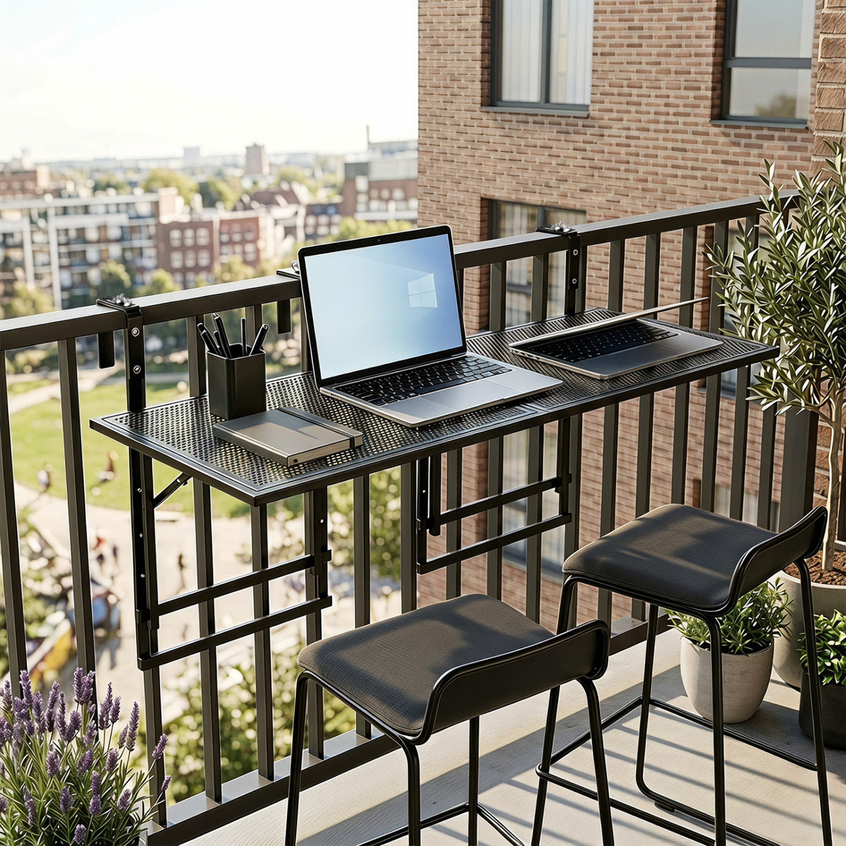 Set of 2 48" Balcony Railing Table with 5-Level Adjustable Height for Patio and Deck-Black