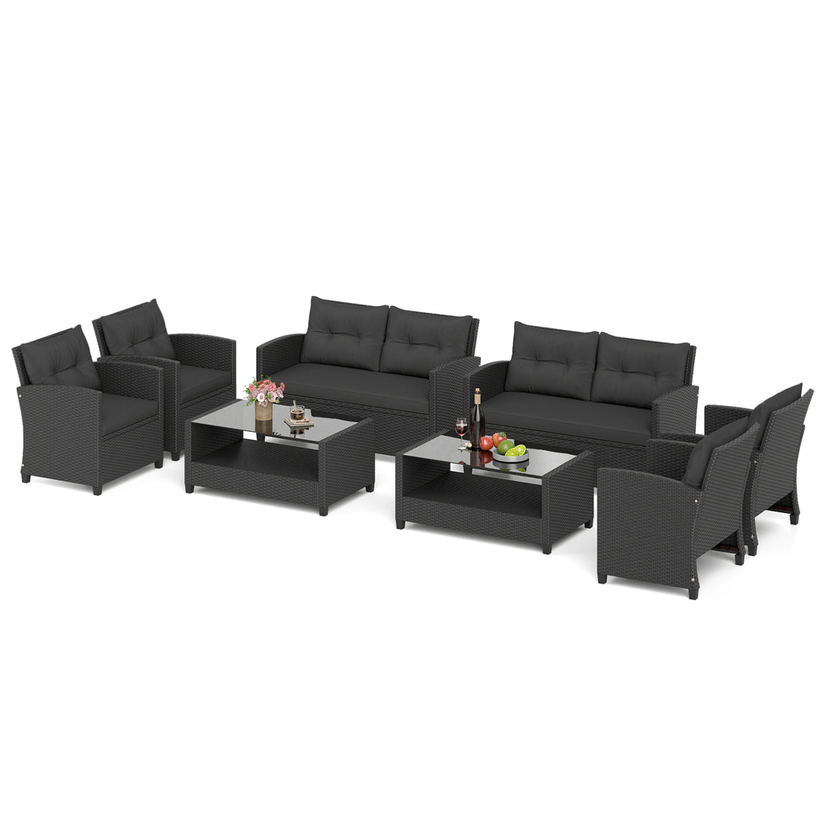 Set of 2 8 Pieces Patio Rattan Conversation Furniture Set with Glass Top Coffee Table-Black