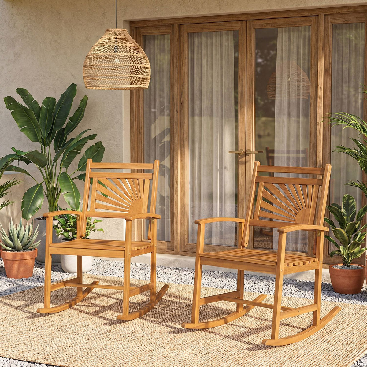 Set of 1/2 Acacia Wood Patio Rocking Chair with Curved Armrests