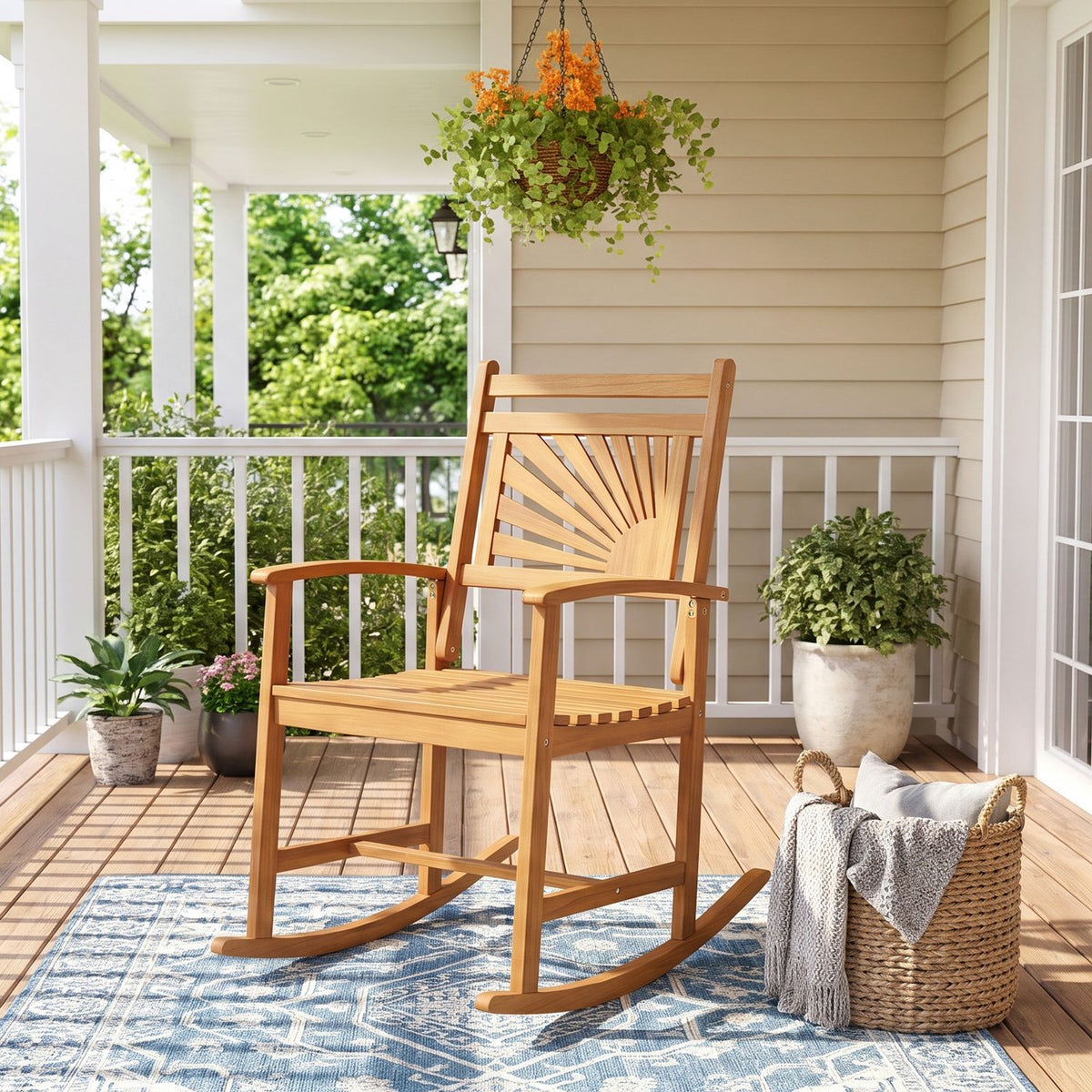Set of 1/2 Acacia Wood Patio Rocking Chair with Curved Armrests