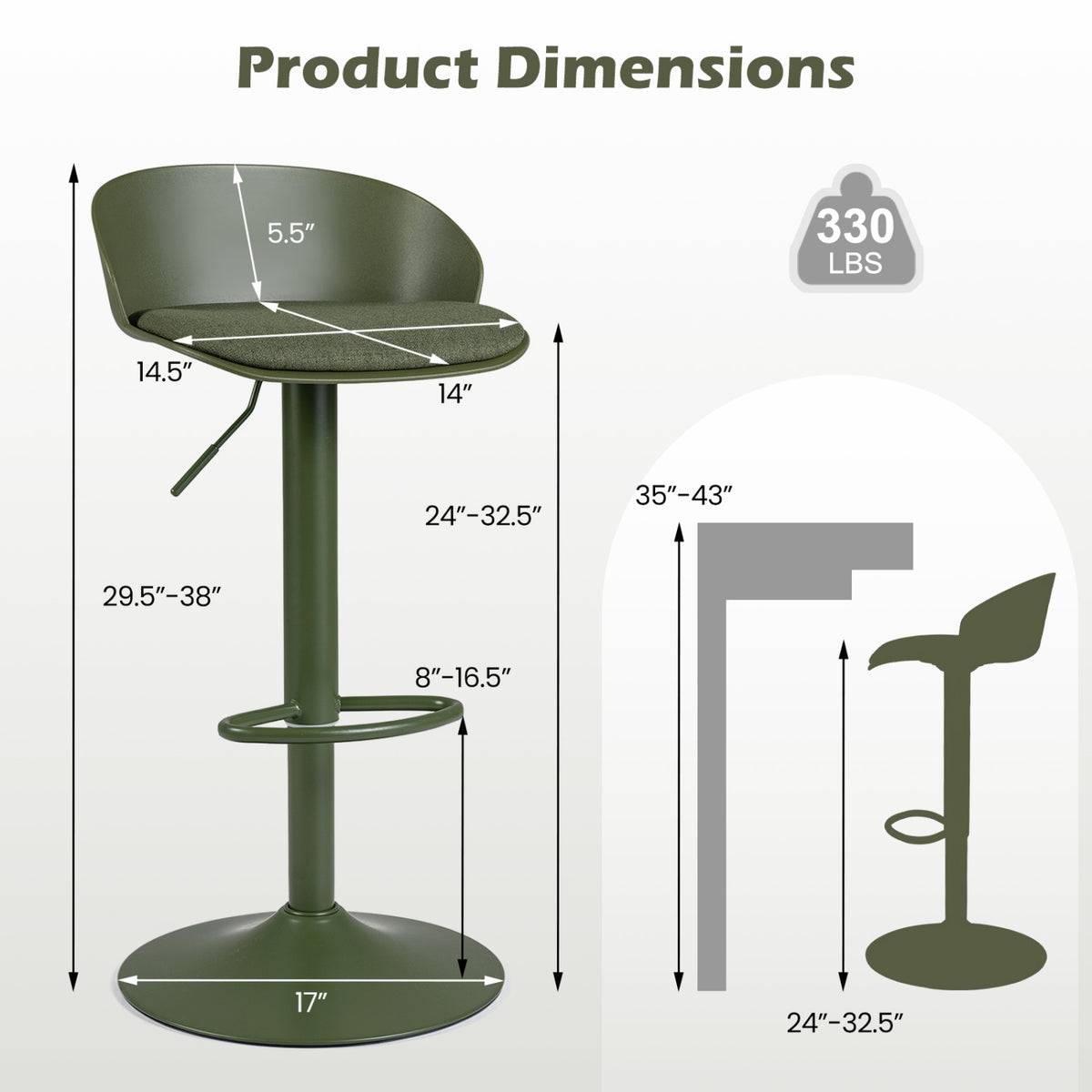 Set of 2 Adjustable Swivel Bar Stools w/ Back & Footrest 330 LBS for Dining