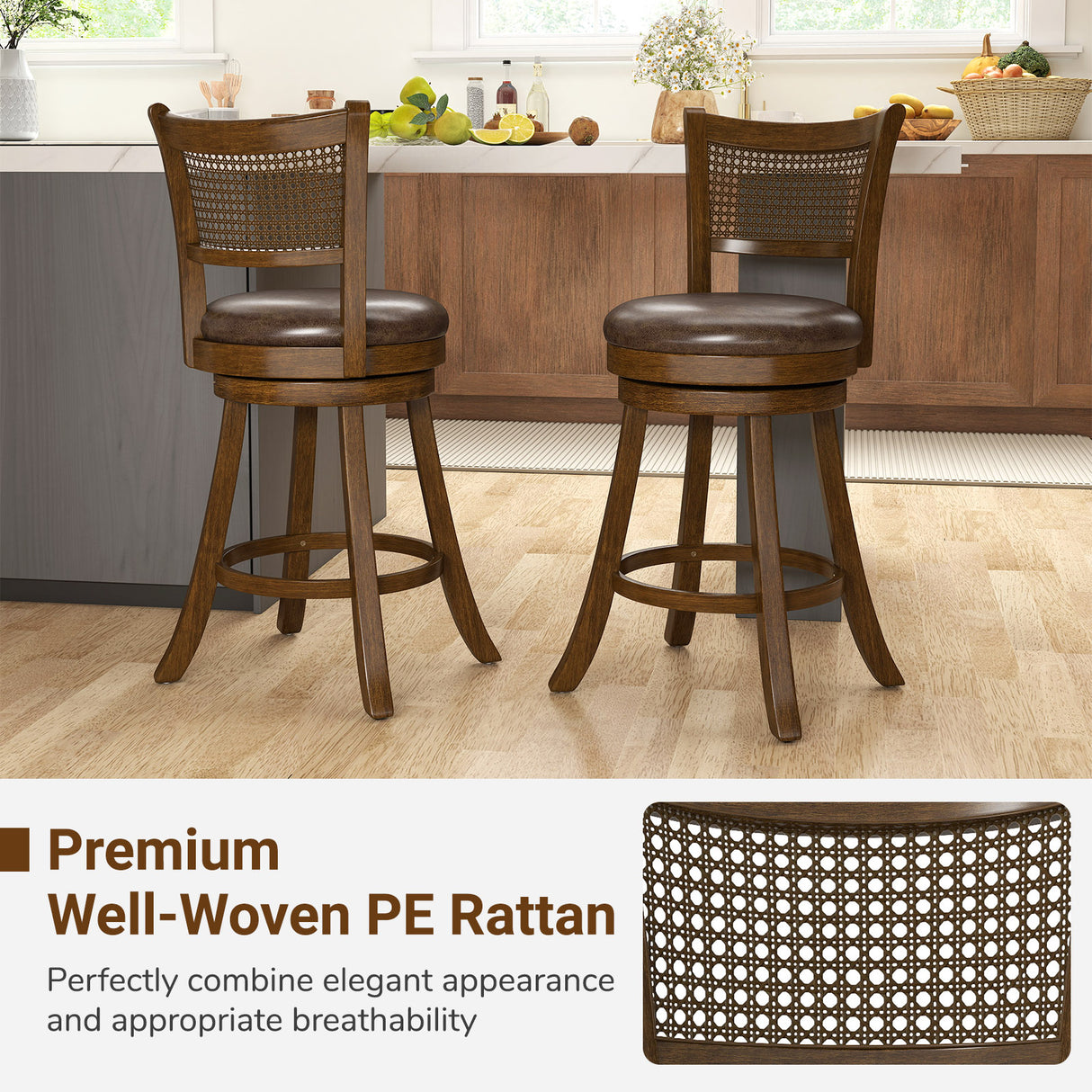 Set of 2 Bar Stools 25" Swivel Bar Chairs Leathaire Counter Height Stools-Brown