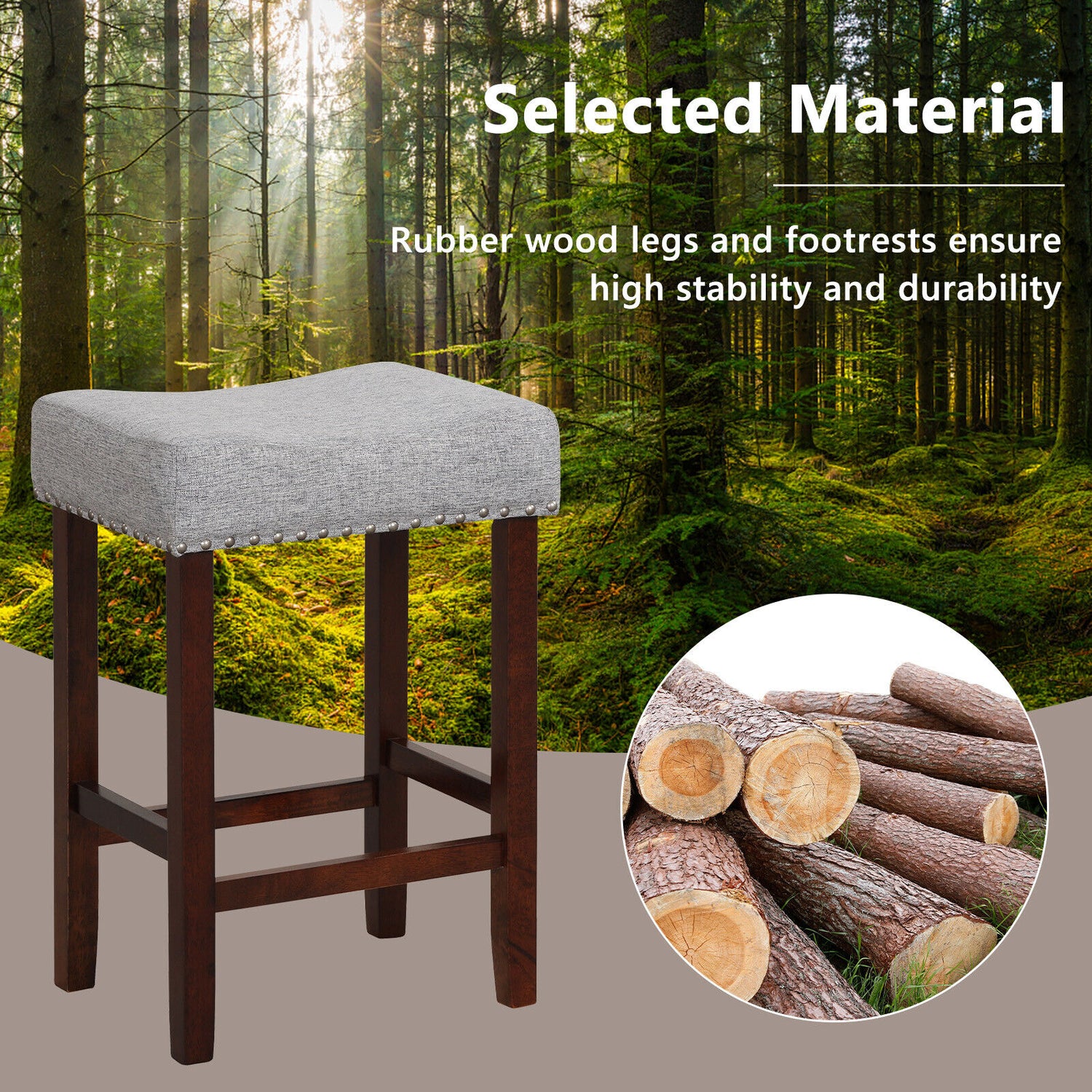 Set of 2 24 Inch Bar Stool with Curved Seat Cushions