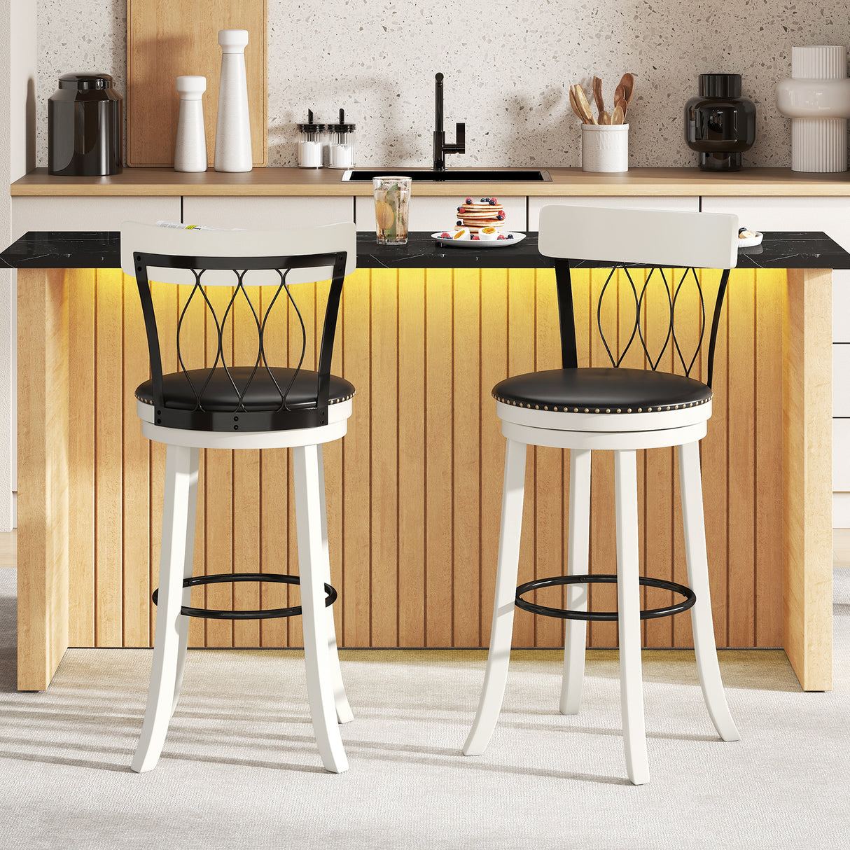 Set of 2 Bar Stools Swivel Bar Chairs with Footrest Rubber Wood Frame and Tufted Rivets