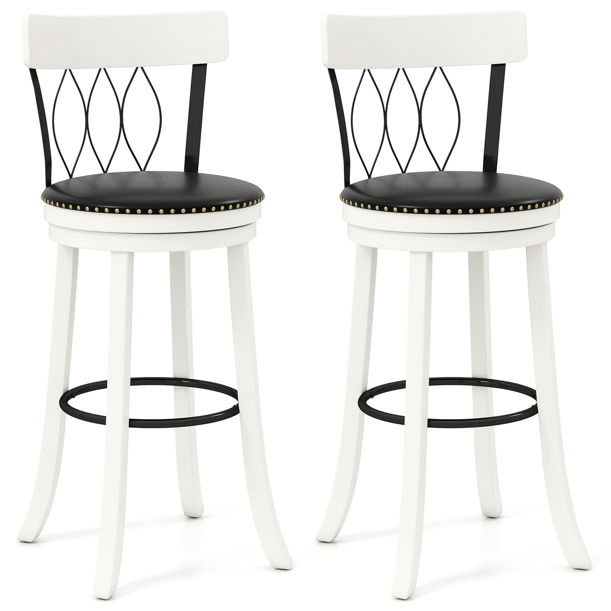 Set of 2 Bar Stools Swivel Bar Chairs with Footrest Rubber Wood Frame and Tufted Rivets
