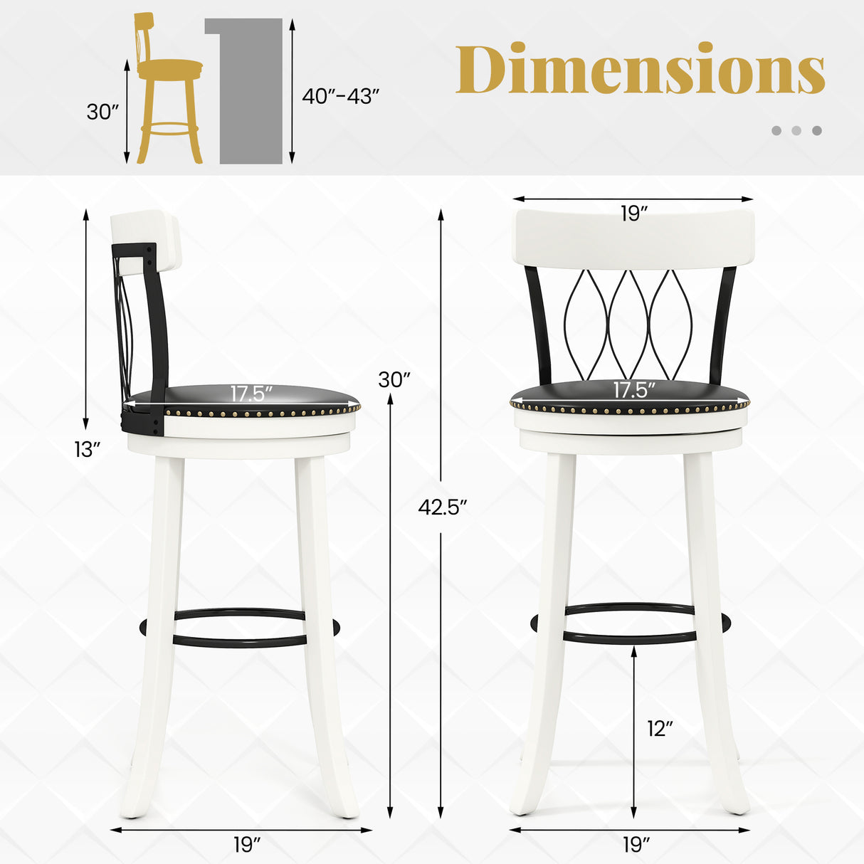 Set of 2 Bar Stools Swivel Bar Chairs with Footrest Rubber Wood Frame and Tufted Rivets
