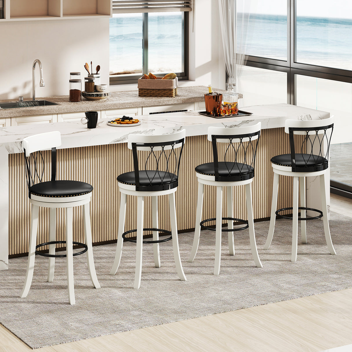 Set of 2 Bar Stools Swivel Bar Chairs with Footrest Rubber Wood Frame and Tufted Rivets