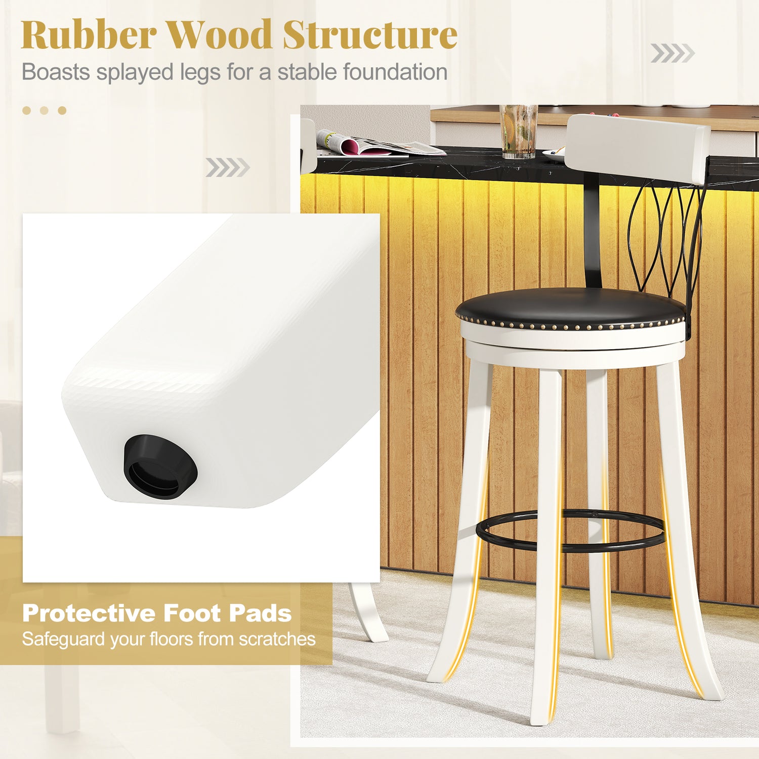Set of 2 Bar Stools Swivel Bar Chairs with Footrest Rubber Wood Frame and Tufted Rivets