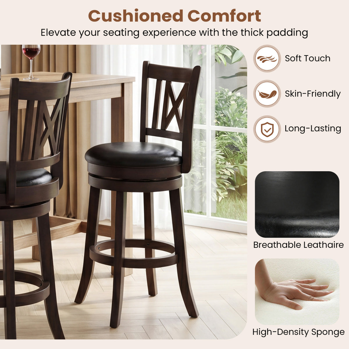 Set of 2 Bar Stools Swivel Bar Chairs with Hollowed Backrest and Footrest-30/Footrest-26 inches