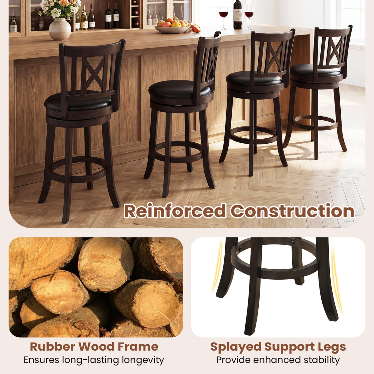 Set of 2 Bar Stools Swivel Bar Chairs with Hollowed Backrest and Footrest-30/Footrest-26 inches