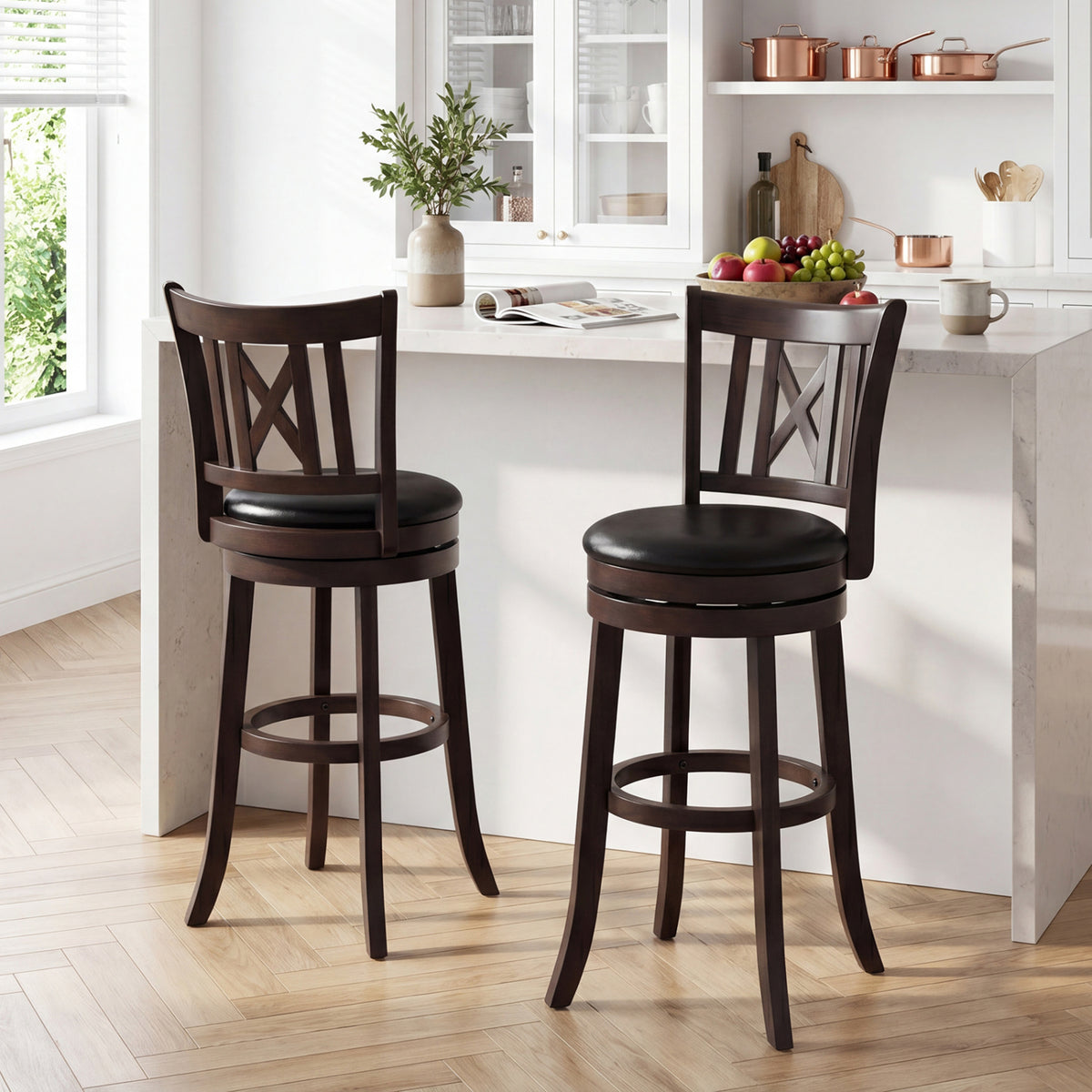 Set of 2 Bar Stools Swivel Bar Chairs with Hollowed Backrest and Footrest-30/Footrest-26 inches
