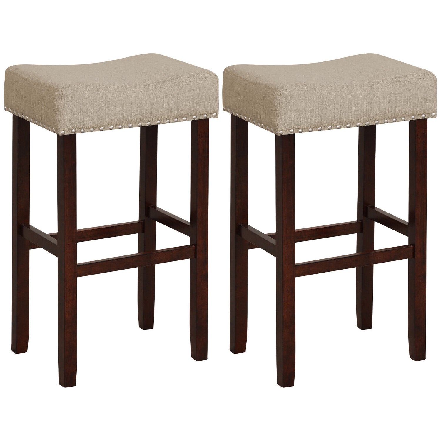 29 Inch Set of 2 Height Upholstered Bar Stool with Solid Rubber Wood Legs and Footrest