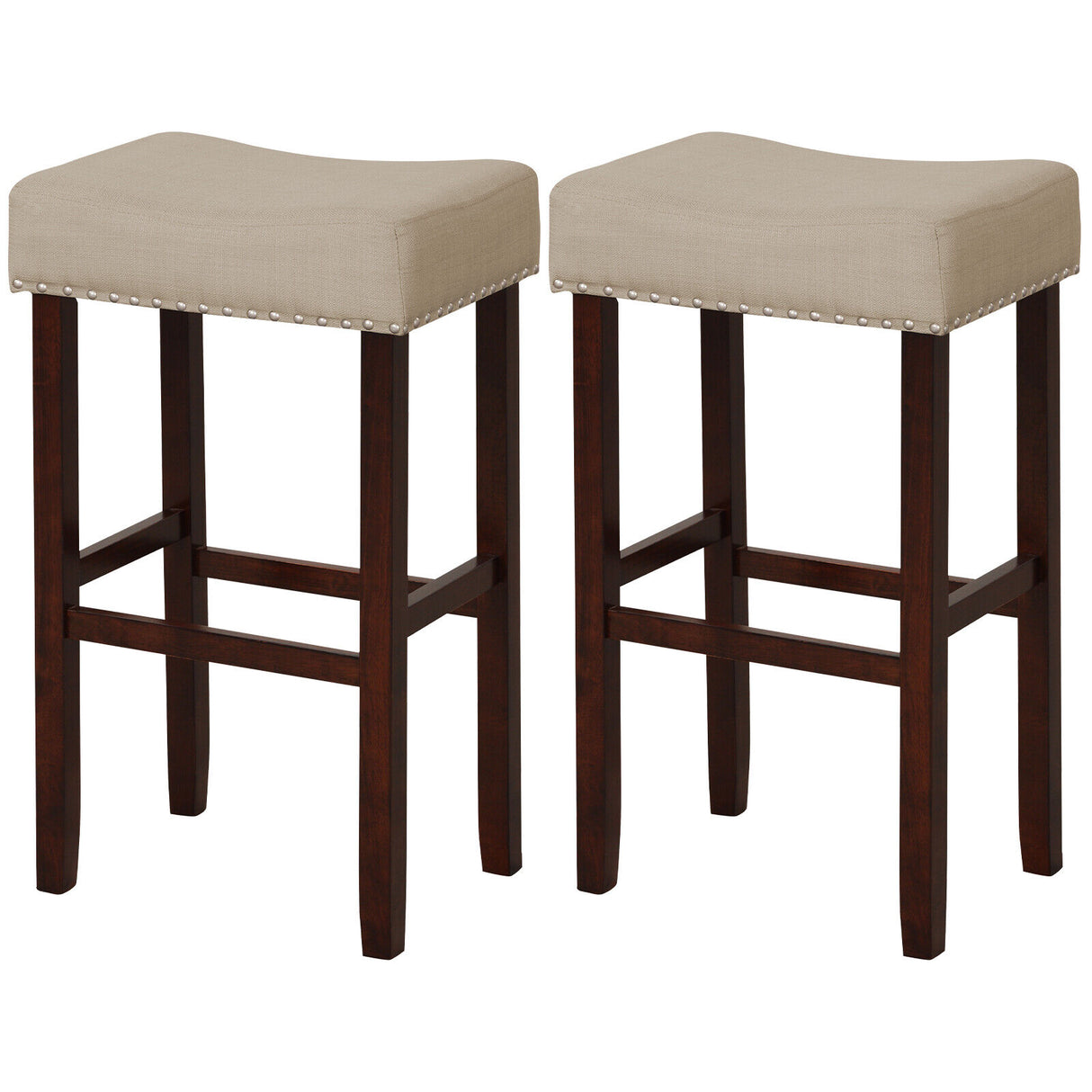 29 Inch Set of 2 Height Upholstered Bar Stool with Solid Rubber Wood Legs and Footrest