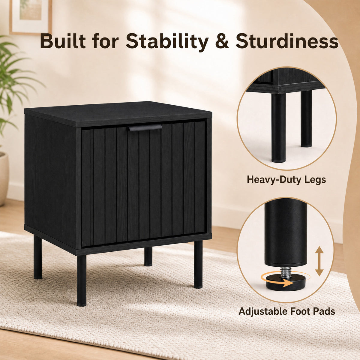 Set of 2 Black Modern Nightstand with Vertical-Striped Storage Drawer-Black