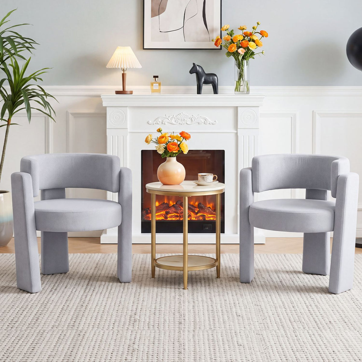 Set of 2 Comfy Upholstered Armchair Modern Velvet Barrel Accent Chair-Gray