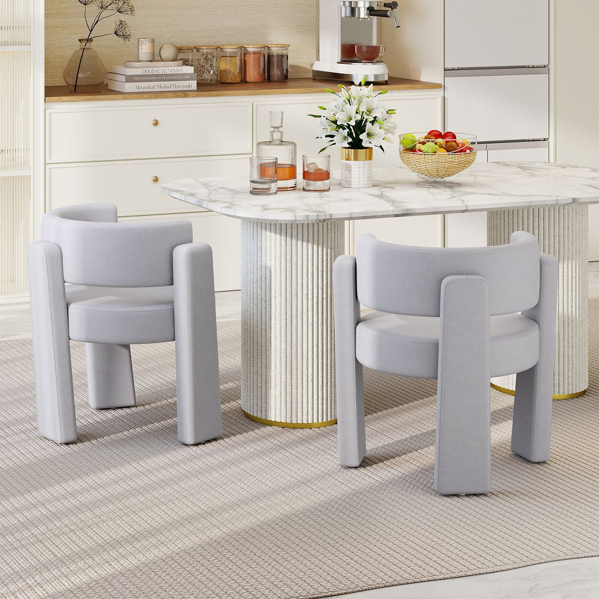 Set of 2 Comfy Upholstered Armchair Modern Velvet Barrel Accent Chair-Gray