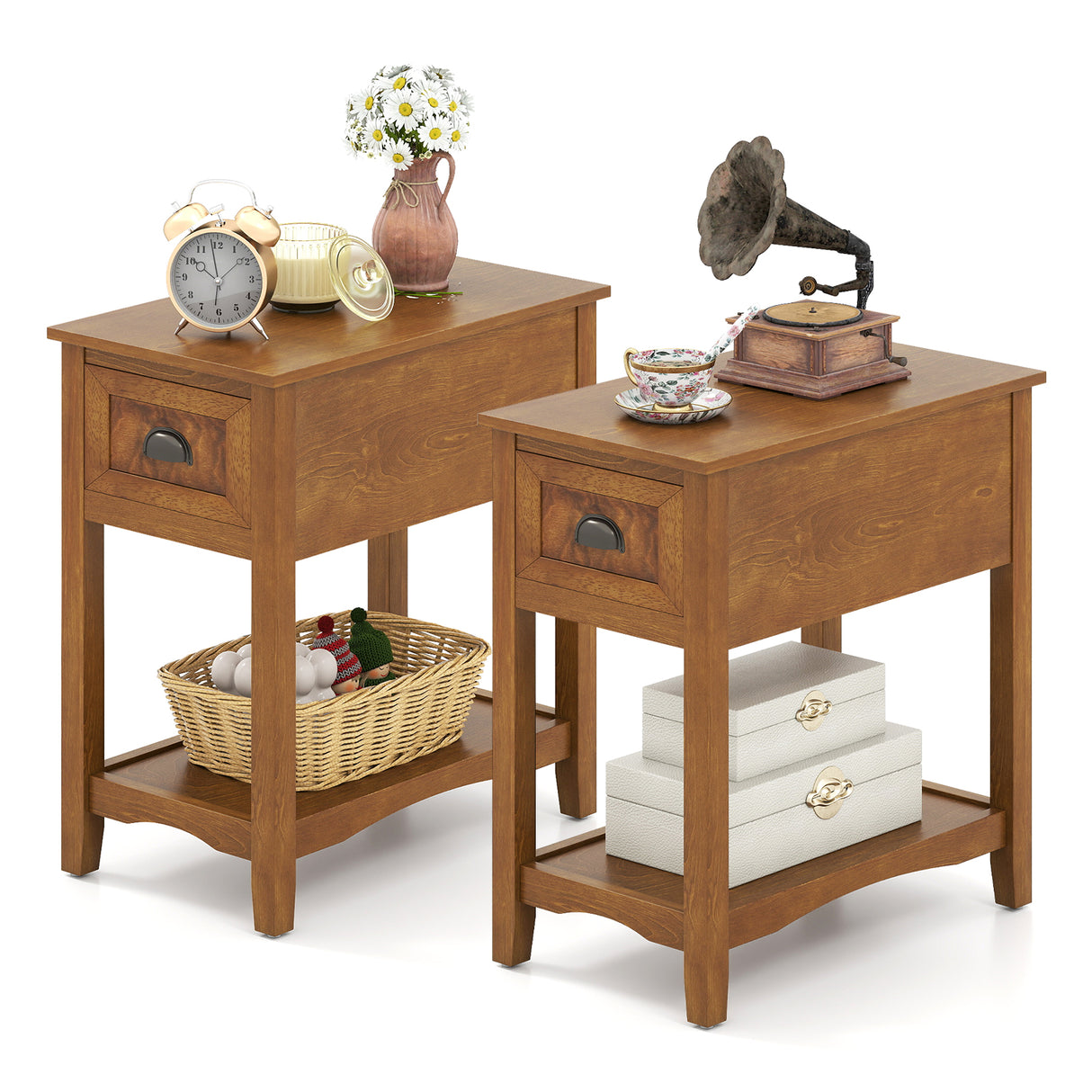 Set of 2 Contemporary Side End Table with Drawer