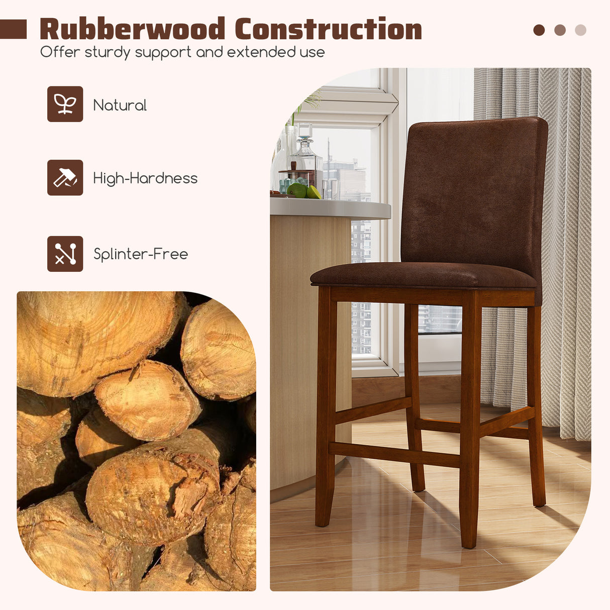 Set of 2 Counter Barstools with Rubberwood Legs and Upholstered Seat-Walnut