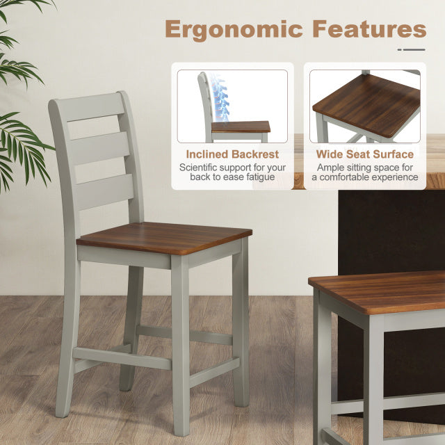 Set of 2 Counter Bar Stool with Inclined Backrest and Footrest-Gray