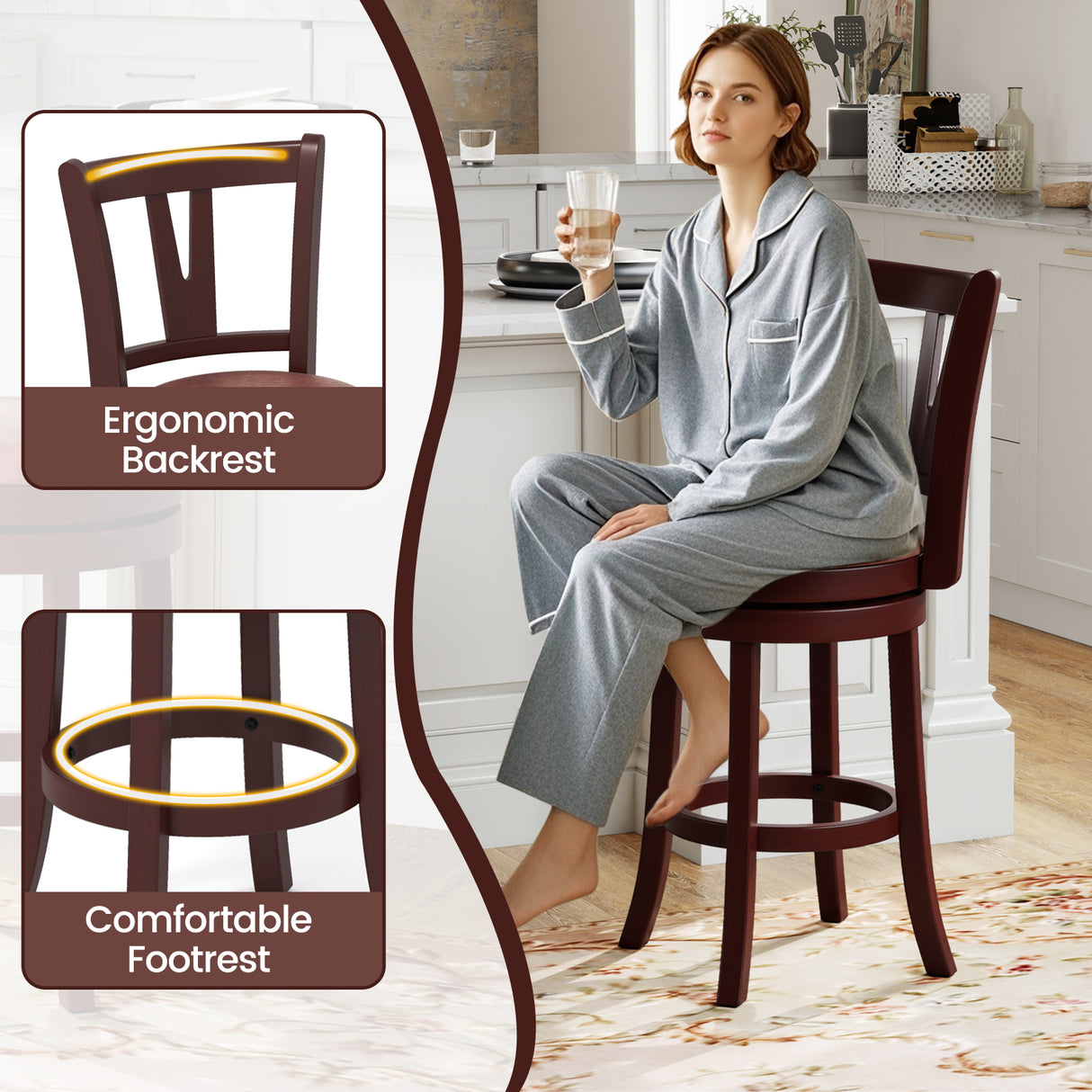 Set of 2 Counter Height Swivel Barstools with High Backs and Footrests