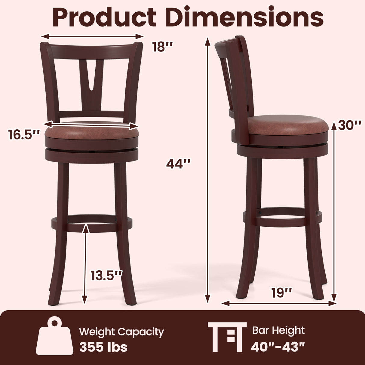 Set of 2 Counter Height Swivel Barstools with High Backs and Footrests