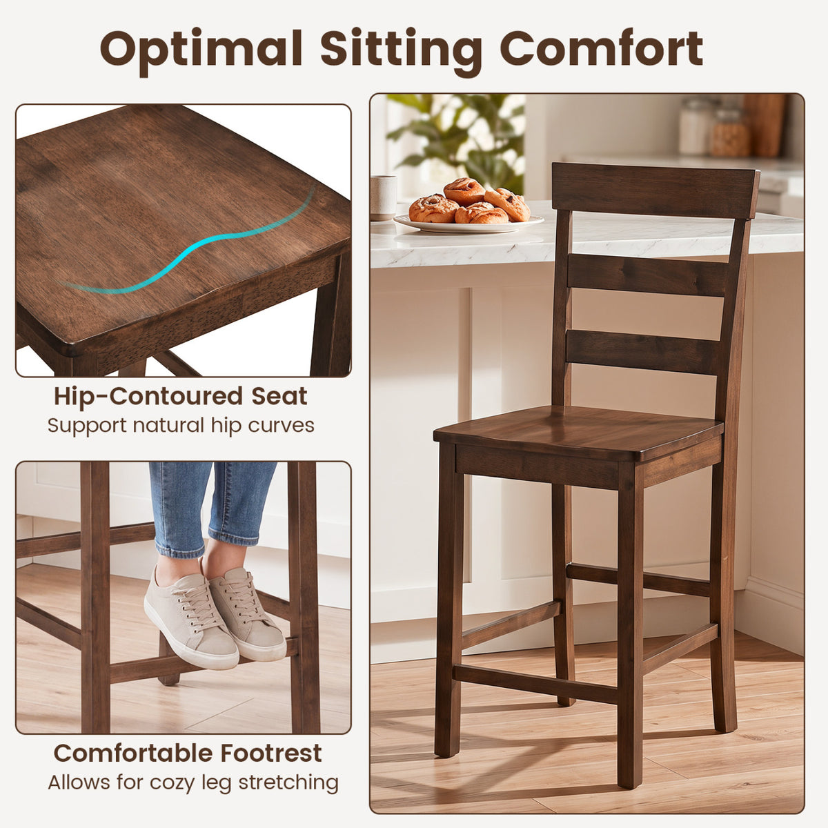 Set of 2/4 Counter Height Bar Stools with Rubber Wood Frame for Home Dining Room