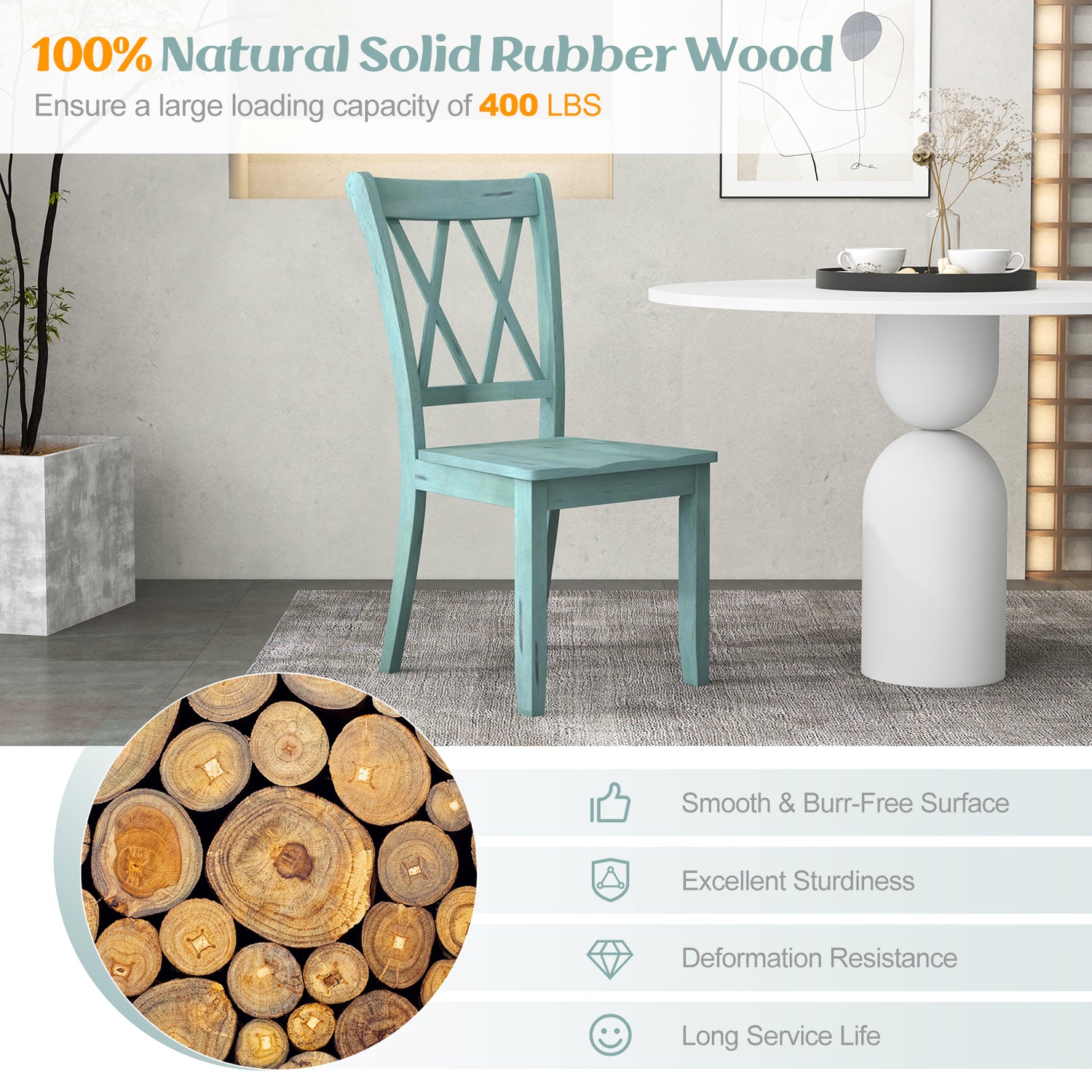 Set of 2 Cross Back Rubber Wood Dining Chairs