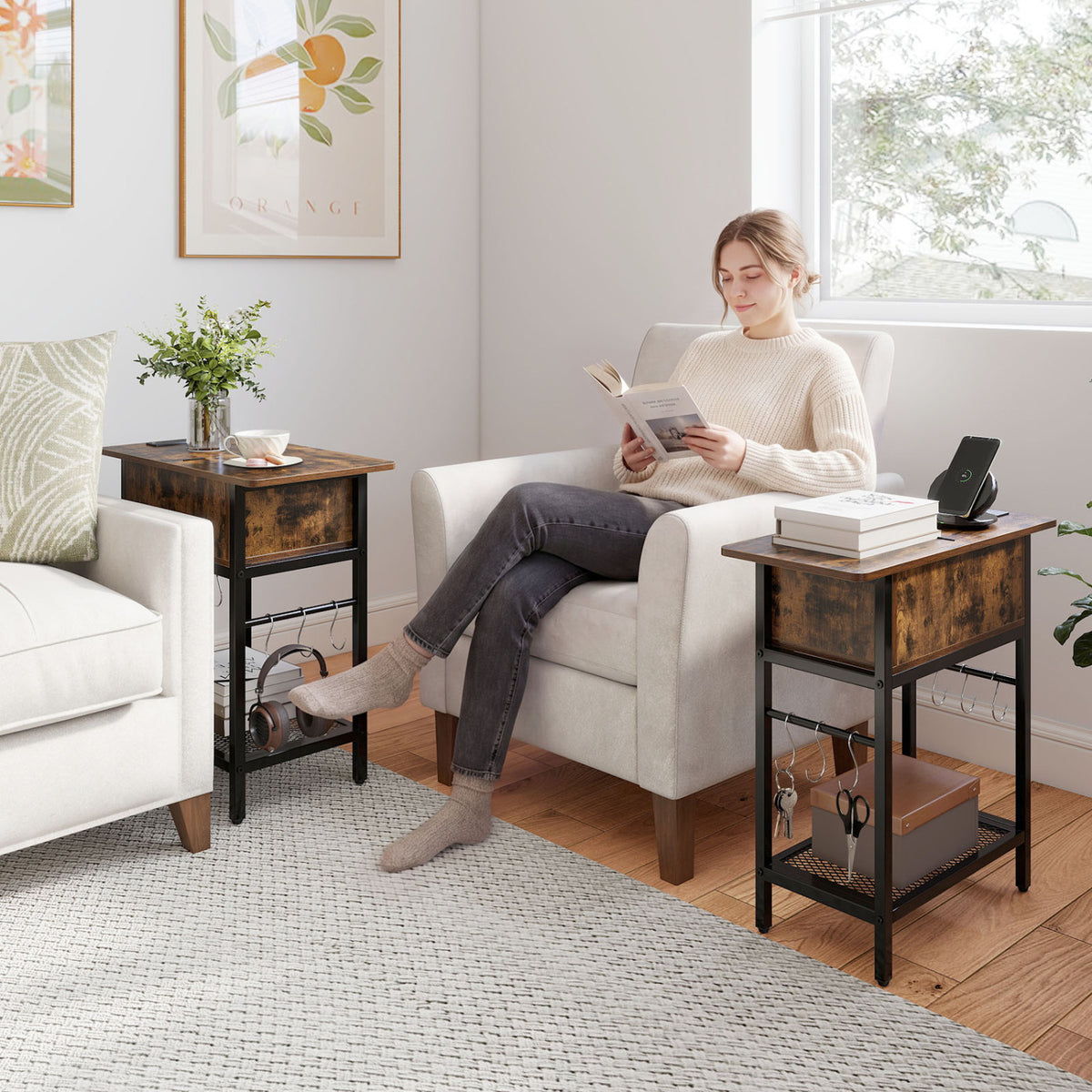 Set of 2 End Table with Charging Station and Hidden Compartment