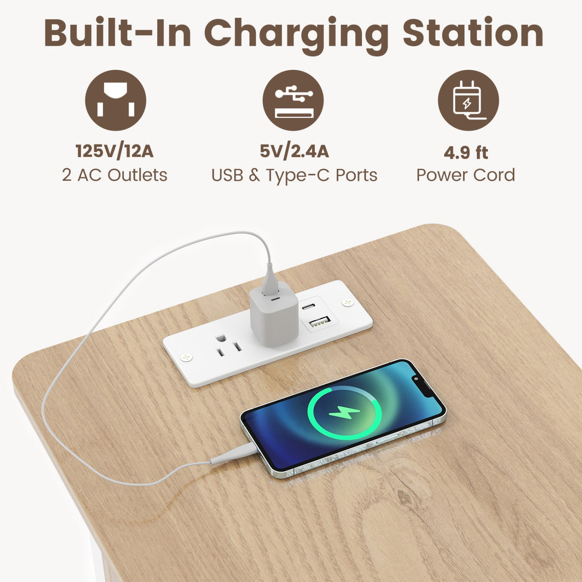 Set of 2 End Table with Charging Station and Hidden Compartment