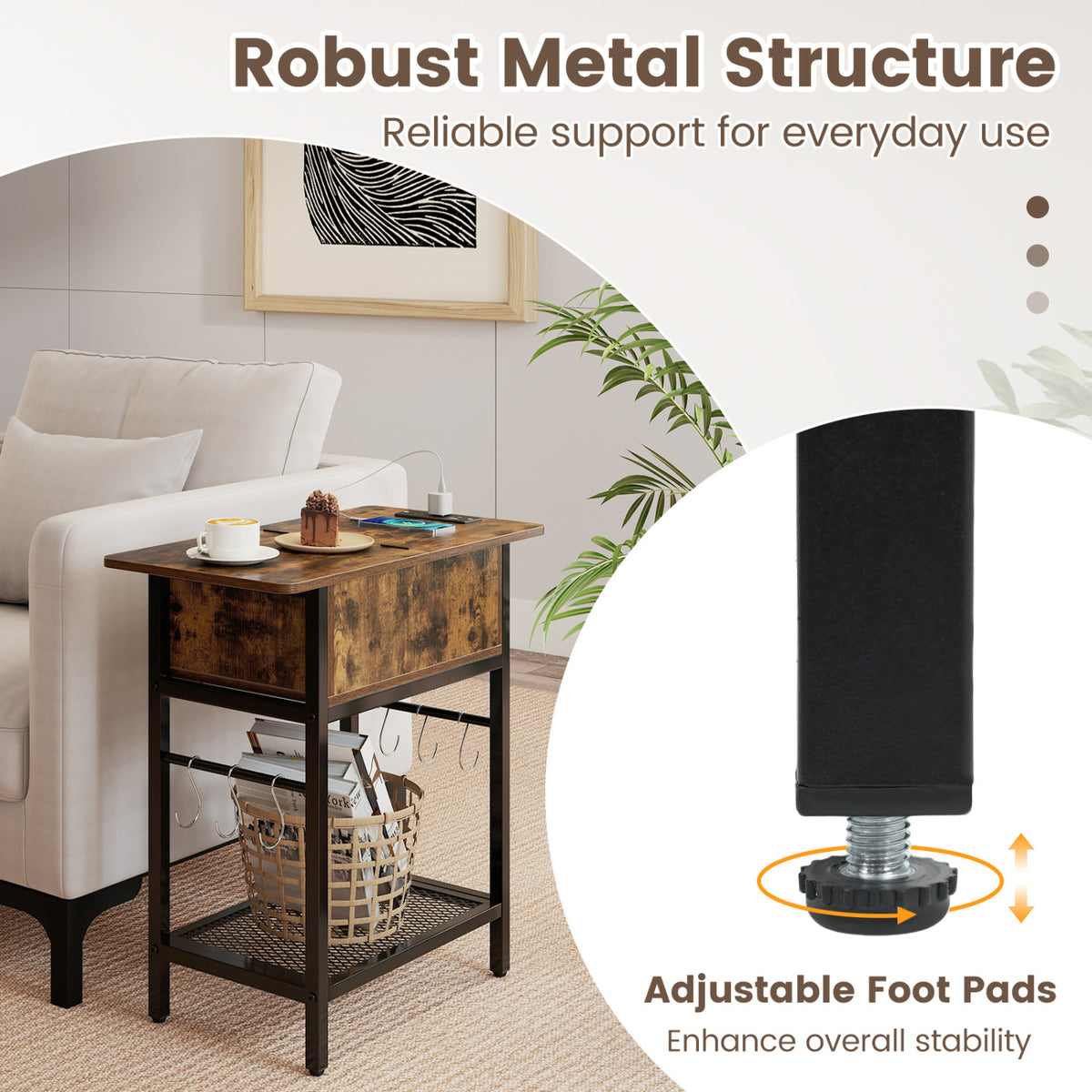 Set of 2 End Table with Charging Station and Hidden Compartment