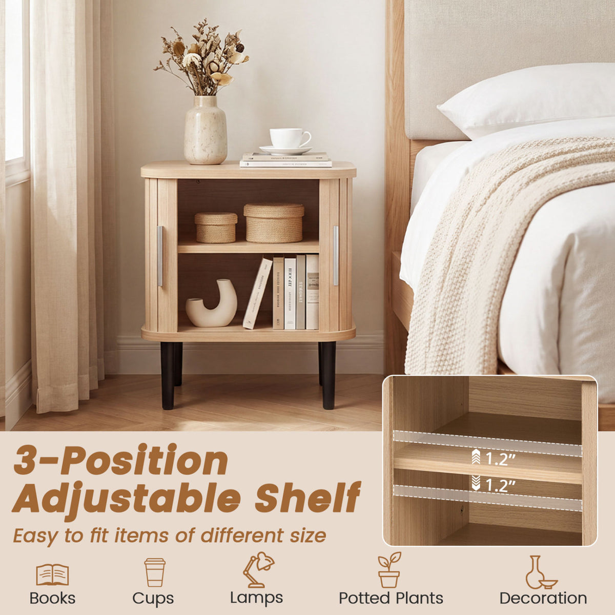 Set of 2 Fluted Nightstand with Sliding Doors and Adjustable Shelf for Small Spaces
